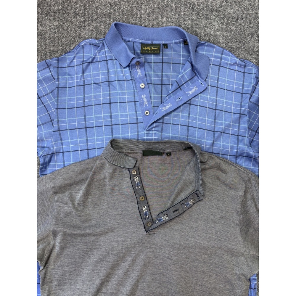 Lot of 2 Bobby Jones Collection Polo Shirts Mens Large Blue Plaid Grey‎ Stripe